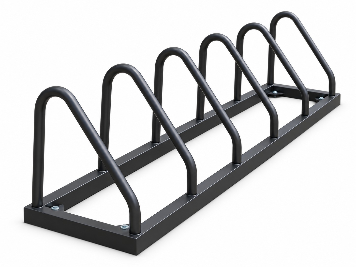 Bicicletero negro de seis aros sobre fondo blanco